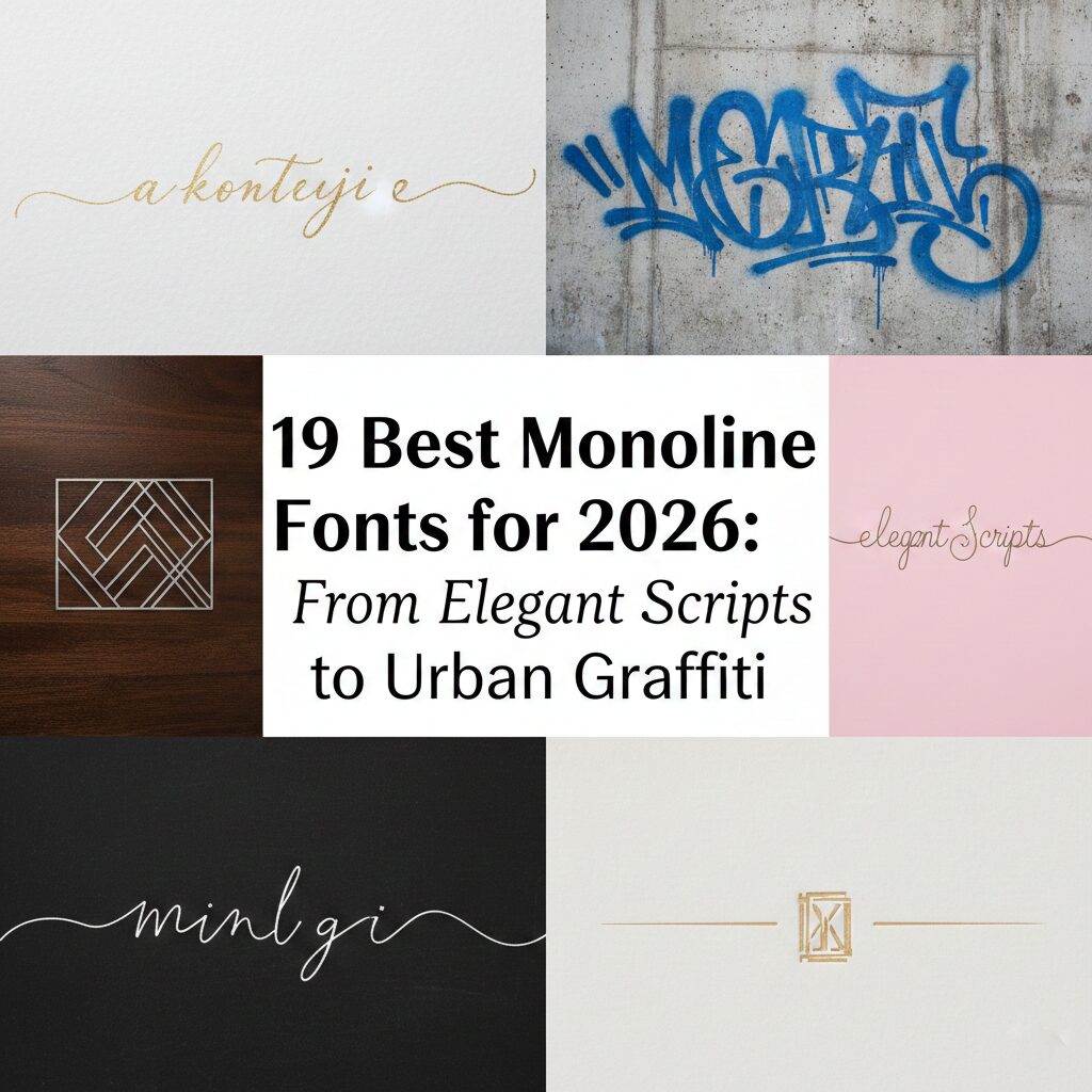 A collage showcasing various monoline font styles including minimalist scripts, bold graffiti, and single-line drawing fonts