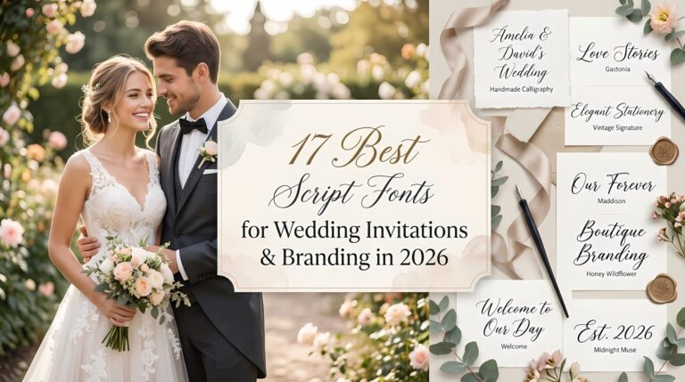 Featured image for "17 Best Script Fonts for Wedding Invitations & Branding in 2026" showing a beautiful bride and groom in a garden, with elegant calligraphy font samples on the side.