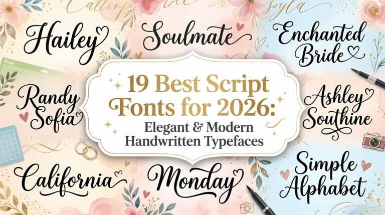 A collection of the 19 best script fonts for 2026, featuring elegant and modern handwritten typefaces like Hailey, Soulmate, and California on a floral watercolor background.