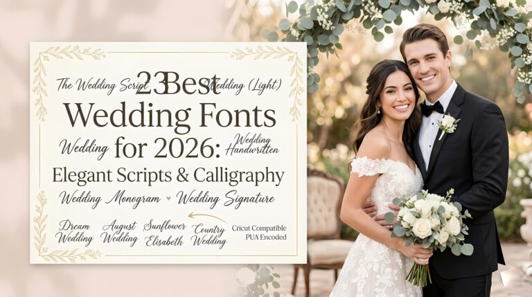 A beautiful featured image for the article '23 Best Wedding Fonts for 2026', showing an overlay title with calligraphy samples, and a joyful bride in a wedding dress and a groom in a black tuxedo on the right.