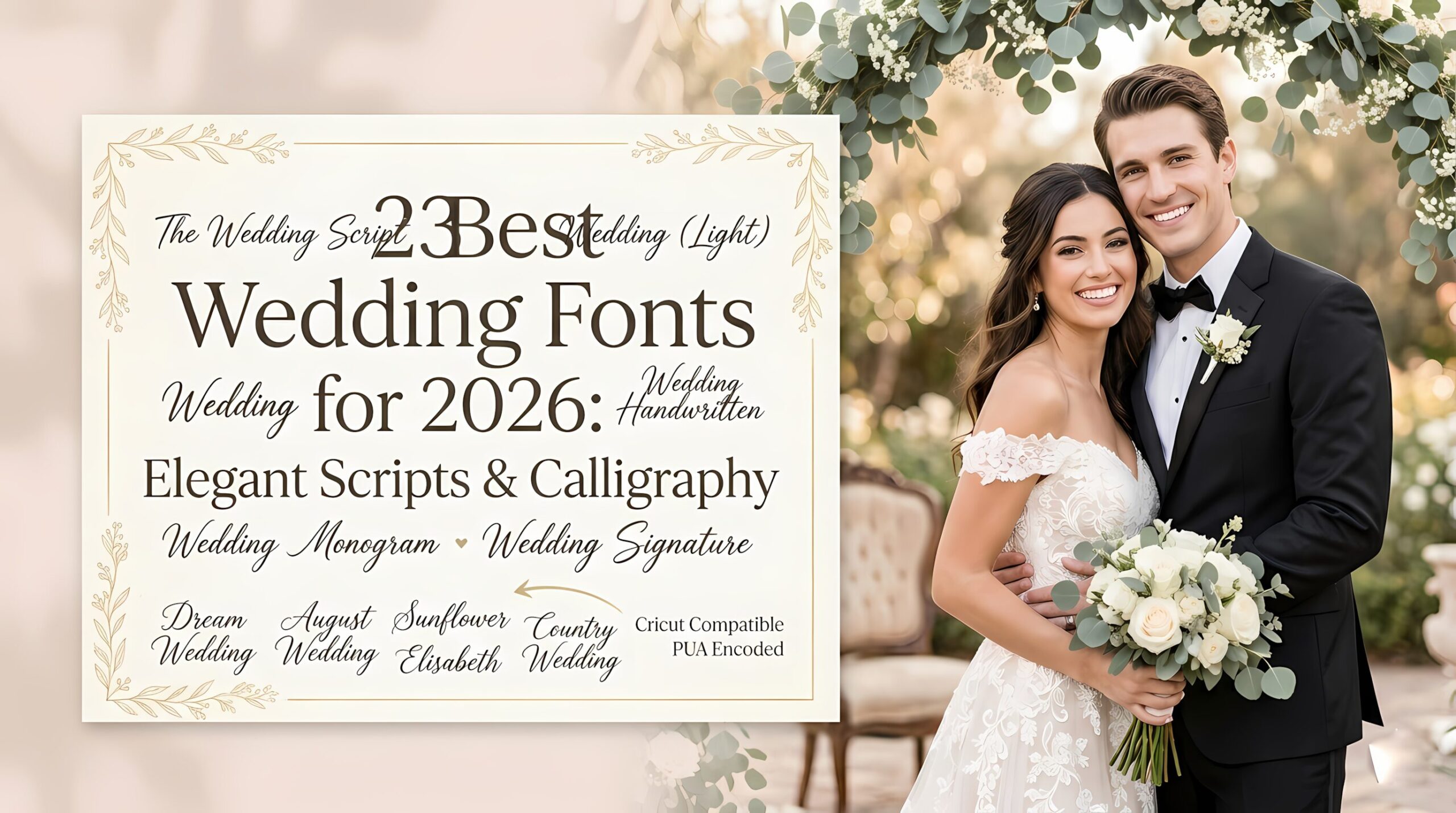 A beautiful featured image for the article '23 Best Wedding Fonts for 2026', showing an overlay title with calligraphy samples, and a joyful bride in a wedding dress and a groom in a black tuxedo on the right.