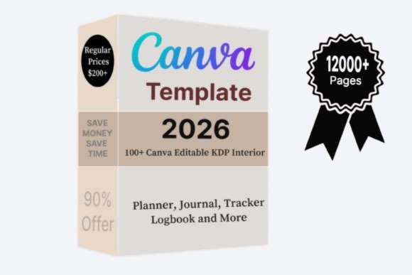 100-Editable-Templates-KDP-2026-Graphics-Professional Amazon KDP interior templates for Canva: 100+ editable low-content book layouts, including planners and journals for passive income publishing and commercial use.