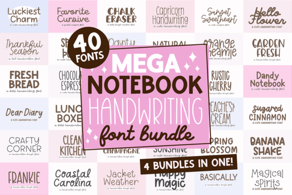 Mega Notebook Handwriting Bundle Font-Versatile Mega Font Bundle with 40 unique script fonts, perfect for digital planners, wedding stationery, and whimsical branding