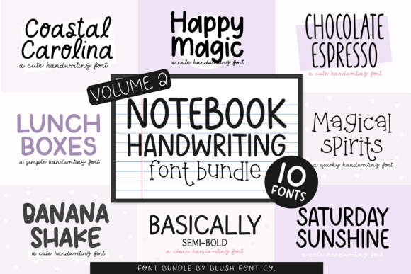 Mega Notebook Handwriting Bundle Font-An eclectic collection of 40 feminine handwriting fonts from the Mega Font Bundle, featuring various script and cursive styles