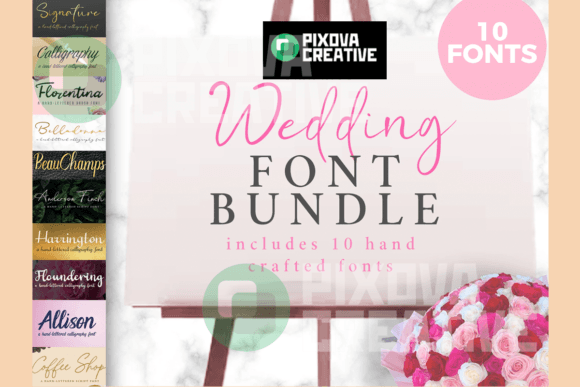 Wedding 10 Bundle Font-Professional Script Fonts collection: The Wedding Font Bundle including 10 elegant typefaces for wedding signs, invitations, and luxury branding.