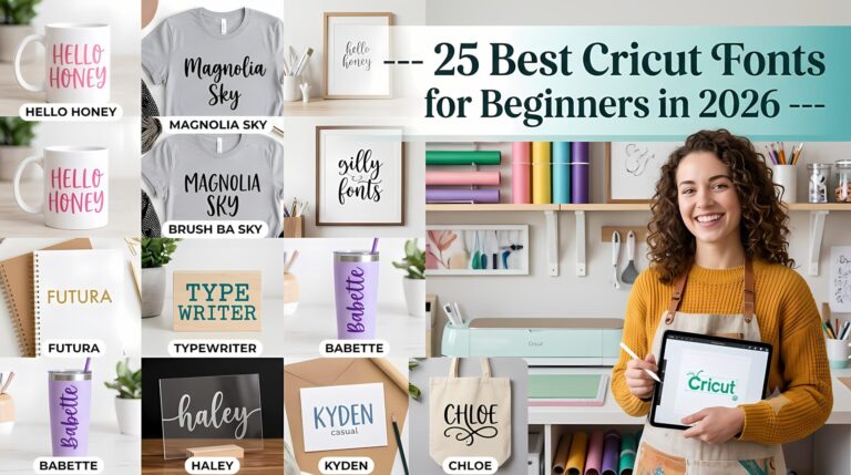 A collage of popular Cricut fonts displayed on various craft items like mugs, t-shirts, and tote bags, with a smiling young woman holding an iPad in her studio. A central text overlay reads "25 Best Cricut Fonts for Beginners in 2026"
