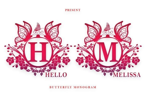 Elegant three letter monogram typeface Butterfly shown in decorative capital letters