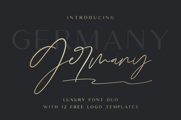 The Germany Font Duo - A luxury typography showcase of The Germany font duo, featuring a high-contrast serif and contemporary script layout alongside editable logo templates designed to pair with Sans Serif Fonts.