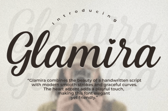 Glamira Script Font - A luxury typography showcase of Glamira contemporary script font, featuring sleek lines and romantic heart accents in a layout designed to complement modern Sans Serif Fonts.