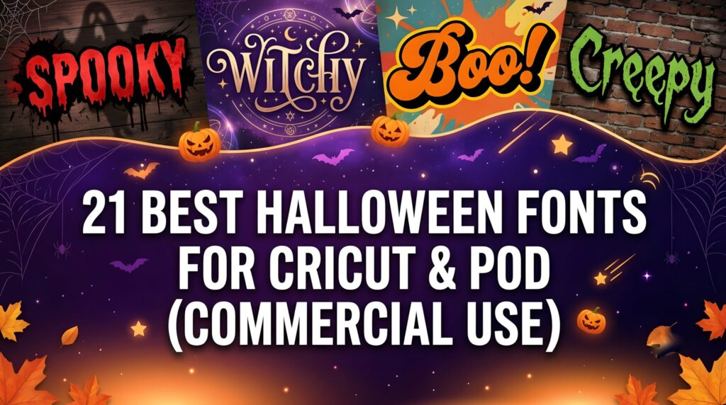 Blog post cover featuring four Halloween font styles — dripping,
witchy cursive, retro, and gothic — on a dark purple background
with pumpkins and bats. Text reads: "21 Best Halloween Fonts
for Cricut & POD (Commercial Use)".