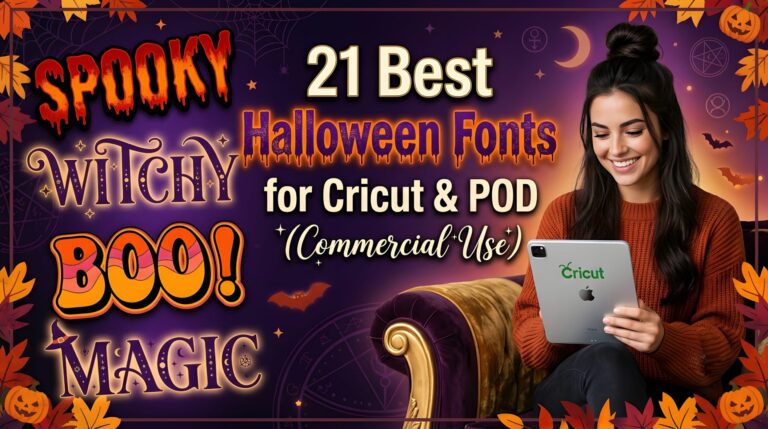 21 Best Halloween Fonts for Cricut and POD blog cover — purple spooky background with dripping, witchy and groovy font styles, woman using Cricut app on iPad, pumpkins and autumn leaves border