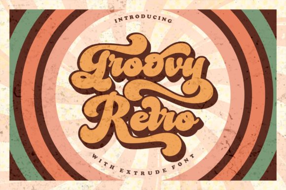 Groovy Retro font cover preview — bold chunky 70s script lettering with extrude style on vintage sunburst background
