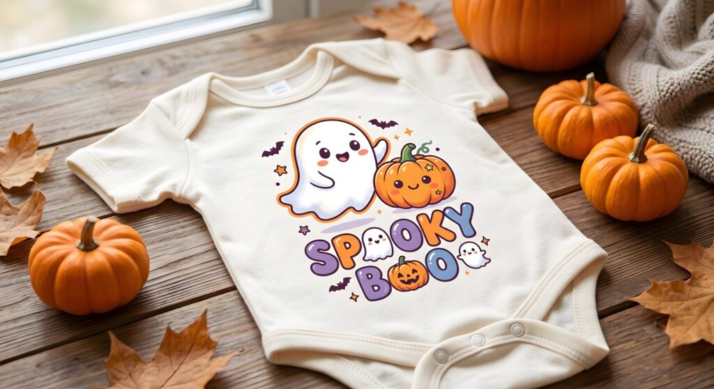 Infant bodysuit with a Halloween-themed print featuring an adorable cartoon ghost with a friendly smile and a bright orange pumpkin, accompanied by the text "Spooky Boo" written in a whimsical, rounded cartoon font. Cute Halloween costume onesie for babies and newborns.