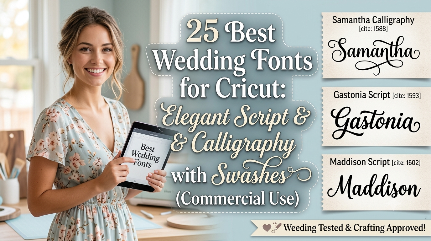 Smiling female crafter holding a digital tablet with text overlay showing 25 best wedding fonts for Cricut and calligraphy font samples.