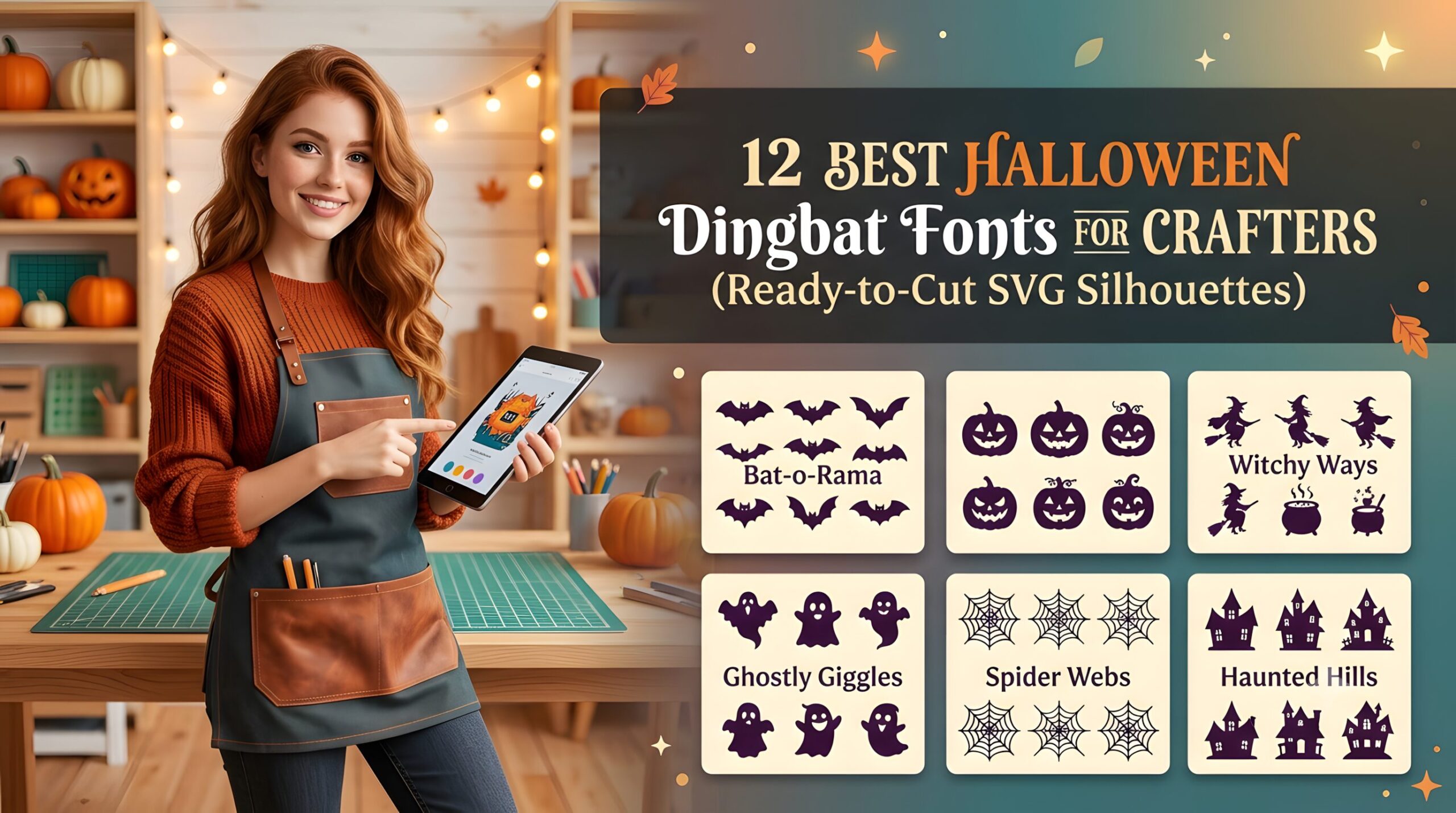 Featured image showcase for 12 best Halloween dingbat fonts for Cricut crafters featuring vector spooky shapes.