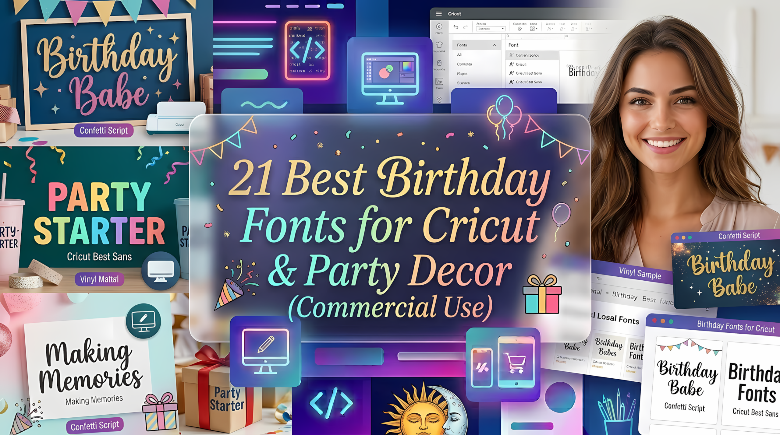 A promotional banner titled '21 Best Birthday Fonts for Cricut & Party Decor.' An image of a smiling young woman is on the right. The center is occupied by a translucent panel with the title, decorated with festive banners, confetti, balloons, and a gift box. The left and bottom sections feature a collage of birthday font samples and mockups: text reading 'Birthday Babe' (gold glitter), 'PARTY STARTER' (bright multi-colored), 'Making Memories' (handwritten script). Examples show the fonts used within the Cricut software interface, on mockups for gifts, bottles, and in digital formats. Neon icons for a computer, phone, and code are present. The background is a blend of a cozy room with gifts and digital graphics in purple and blue tones.