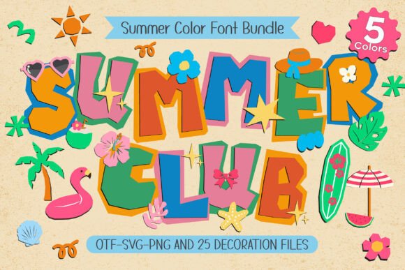 Summer Club vibrant color font preview with cut-out style and doodles