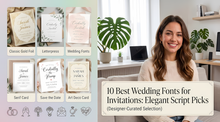 A featured banner showcasing elegant wedding fonts for invitations. On the right, a smiling young woman sits on a sofa. On the left, a collage features wedding invitation designs including gold foil, letterpress, serif cards, save-the-date cards, and Art Deco styles. An overlay box reads: "10 Best Wedding Fonts for Invitations: Elegant Script Picks"