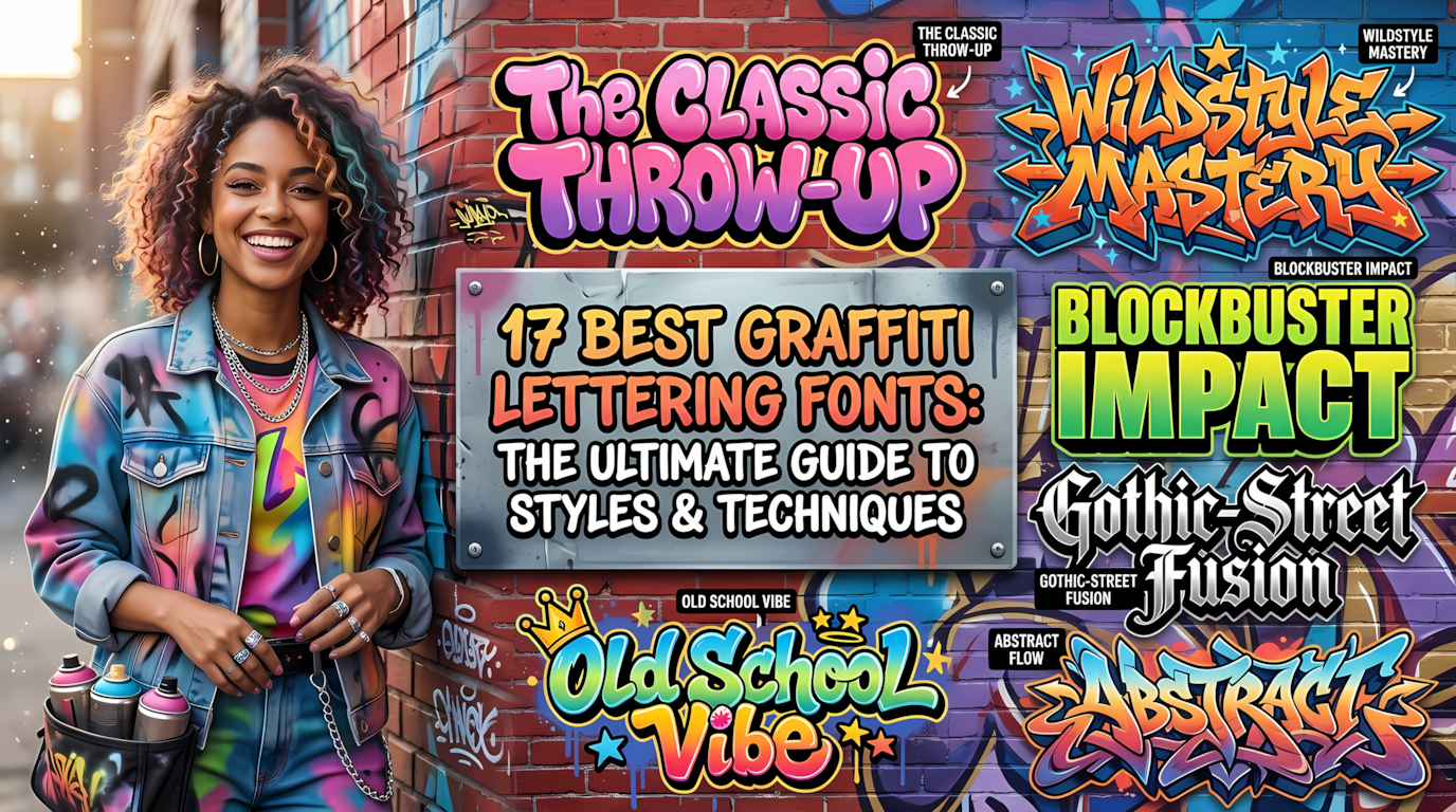 A vibrant blog featured image designed as a guide to graffiti lettering fonts. On the left side, a cheerful young woman with colorful, curly hair and a denim jacket is smiling, standing against a brick wall. The center features a prominent text overlay in a clean graffiti font: "17 BEST GRAFFITI LETTERING FONTS: THE ULTIMATE GUIDE TO STYLES & TECHNIQUES". The right side displays multiple colorful examples of different graffiti font styles, including Bubble, Blockbuster, Wildstyle, Gothic, Calligraffiti, Abstract, Tagging, Throw-Up, Roller, and Old School, each labeled clearly. The overall background is a large, colorful graffiti mural on an urban brick wall. The image is bright, creative, and urban-styled.
