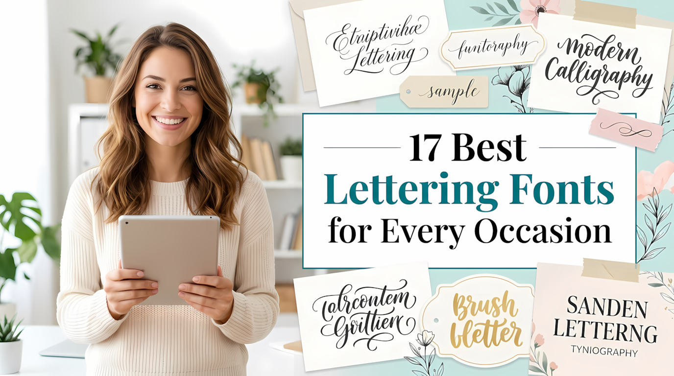 Featured image with a smiling woman holding an iPad displaying 17 Best Lettering Fonts for Every Occasion with hand-lettered font samples.