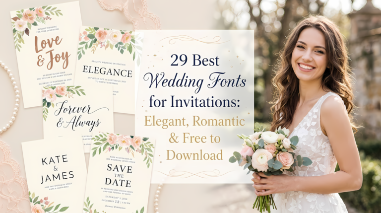 A beautiful featured image with an elegant and romantic theme. On the left, several wedding invitations and stationery pieces are displayed on cream paper, each showcasing a different exquisite wedding font with soft watercolor floral motifs and blush lace. On the right, a joyful, smiling young woman with brunette hair, wearing a white floral lace dress and holding a small bouquet of ranunculus and roses, looks at the camera. Centered on a delicate transparent overlay is the elegant text: '29 Best Wedding Fonts for Invitations: Elegant, Romantic & Free to Download', in a combination of calligraphy and modern serif fonts with tiny gold accents. The background is a soft bokeh of a garden venue with a blurred stone wall and trees, bathed in natural daylight.