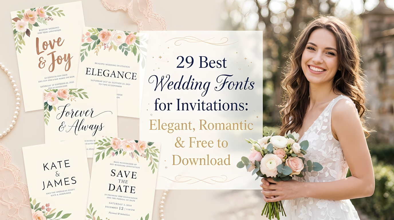 A beautiful featured image with an elegant and romantic theme. On the left, several wedding invitations and stationery pieces are displayed on cream paper, each showcasing a different exquisite wedding font with soft watercolor floral motifs and blush lace. On the right, a joyful, smiling young woman with brunette hair, wearing a white floral lace dress and holding a small bouquet of ranunculus and roses, looks at the camera. Centered on a delicate transparent overlay is the elegant text: '29 Best Wedding Fonts for Invitations: Elegant, Romantic & Free to Download', in a combination of calligraphy and modern serif fonts with tiny gold accents. The background is a soft bokeh of a garden venue with a blurred stone wall and trees, bathed in natural daylight.