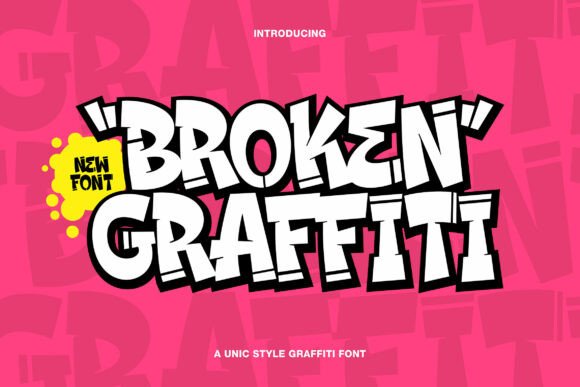 Broken Graffiti Font specimen with chunky caps-only lettering in a comic-book style