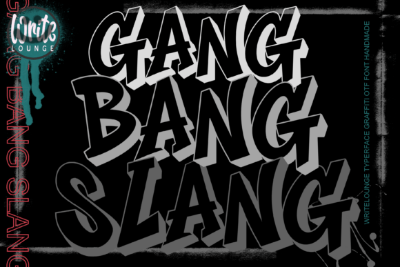 Gang Bang Slang Font heavy block letters with sharp angles and striking 3D shadow effect