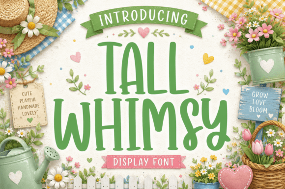 Tall Whimsy cottagecore display font with tall artisan letterforms