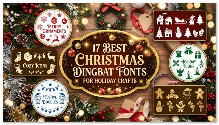17 Best Christmas Dingbat Fonts for Holiday Crafts overlay banner featuring holiday dingbat font samples with snowmen, ornaments, and festive icons on a cozy wooden background.
