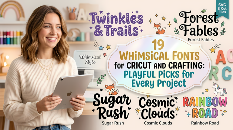 A smiling woman holding a tablet in a craft room, surrounded by playful typography examples for "19 Whimsical Fonts for Cricut and Crafting," featuring styles like Twinkles & Trails, Forest Fables, Sugar Rush, Cosmic Clouds, and Rainbow Road.