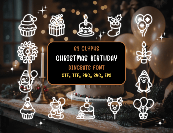 Christmas Birthday dingbat font combining holiday and birthday icons