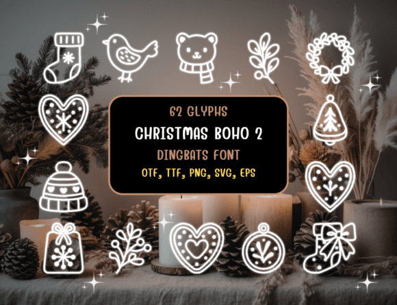 Christmas Boho style dingbat font with wreaths and gingerbread hearts