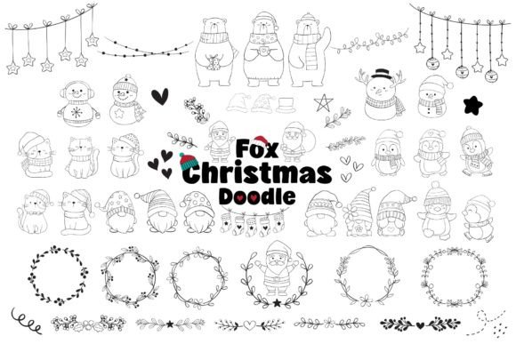 Fox Christmas doodle dingbat font cute animal holiday icons