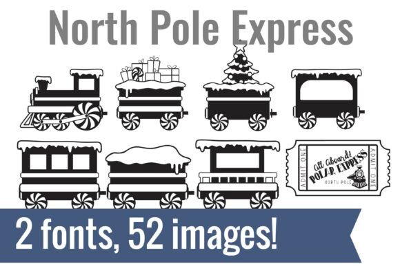 North Pole Express Christmas dingbat font with trains and holiday icons